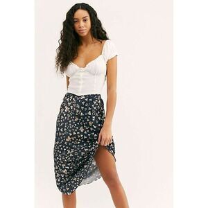 NEW FREE PEOPLE Sz S KENDALL SATIN PRINTED HEARTS MIDI SKIRT BLACK